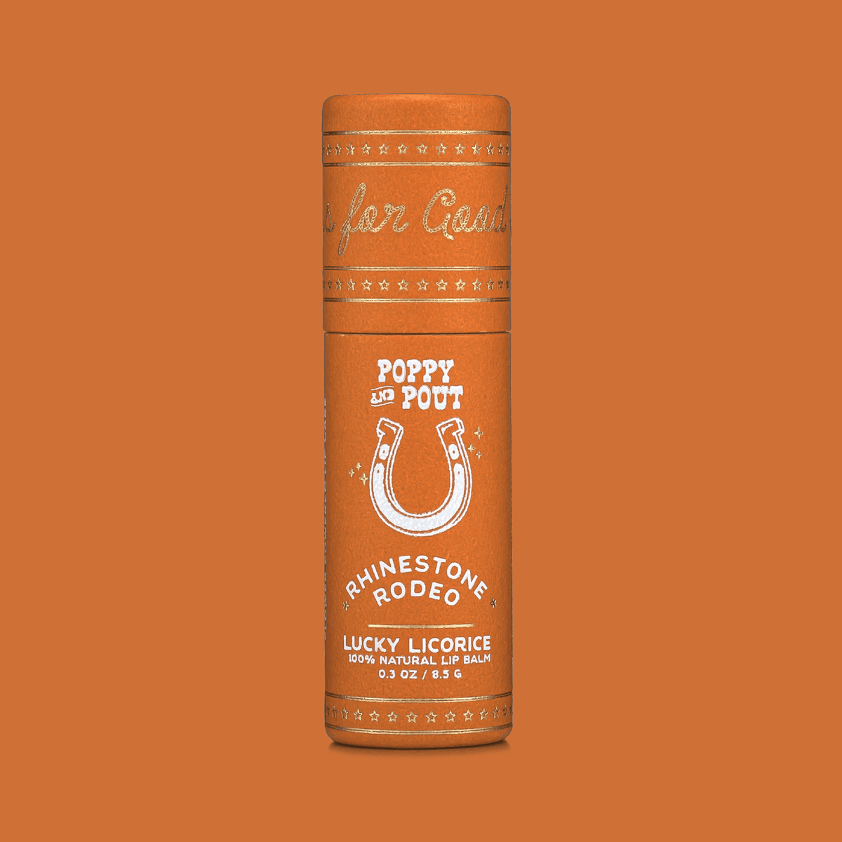 Lip balm container with &#39;Poppy &amp; Pout&#39; branding on an orange background
