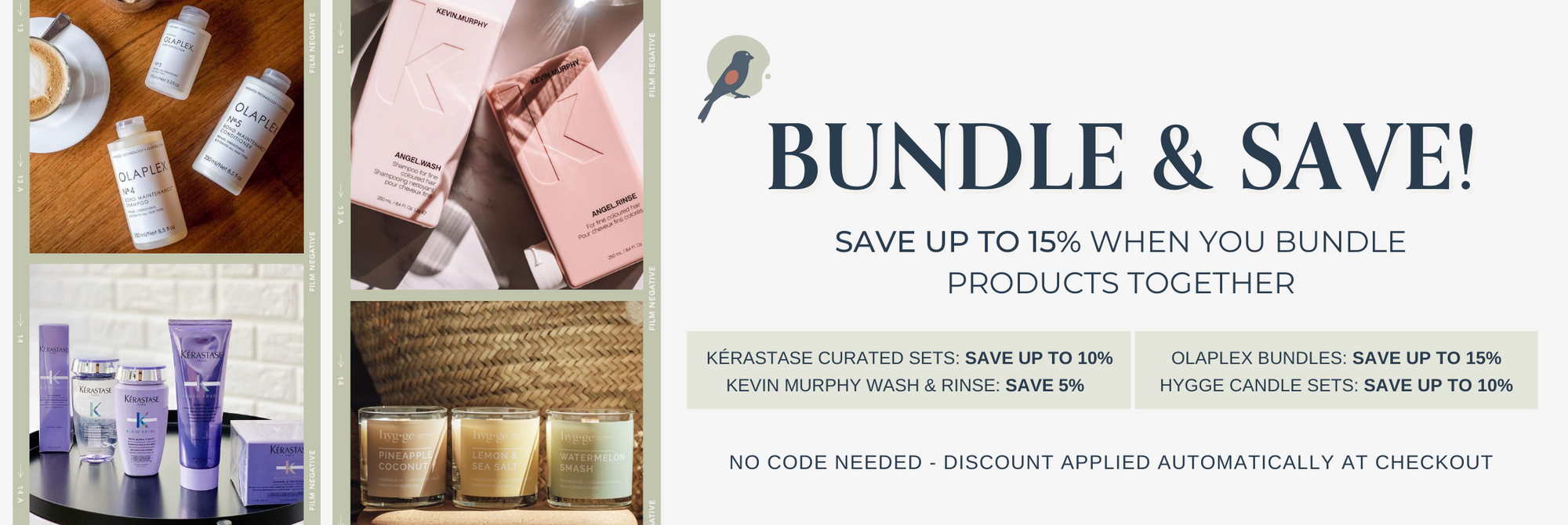 Bundle & save banner from Salon Society, save up to 15% when you bundle products. No code needed, discount applied at checkout.